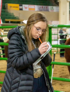 Tyla Thomas judges during the Western National Roundup 4-H Livestock Judging Contest. 