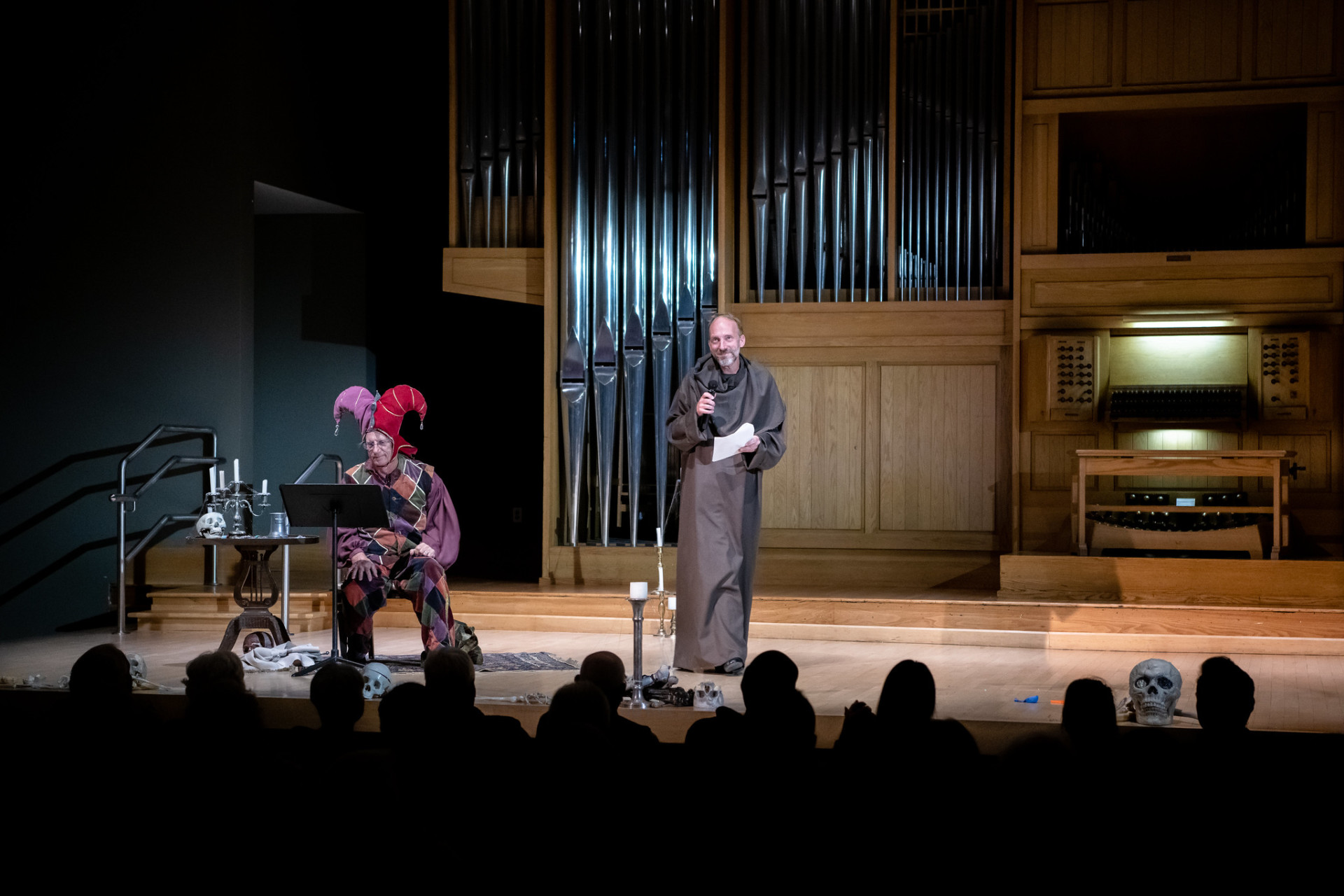 Maestro Wes Kenny and Organ Professor Joel Bacon entertain an audience with spooky stories and organ music during the Fall 2022 Halloween Organ Extravaganza at the University Center for the Arts.