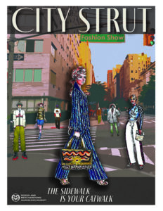 City Strut Fashion Show program cover, featuring a woman walking across a city street.