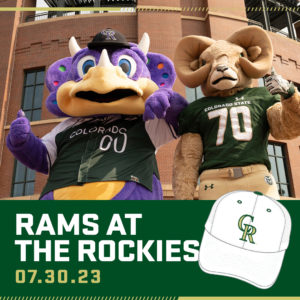 2023 Rams at the Rockies promo showing a hat and the date of the game - July 30, 2023.