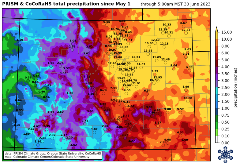 Precipitation map of rainfall in Colorado during the month of June