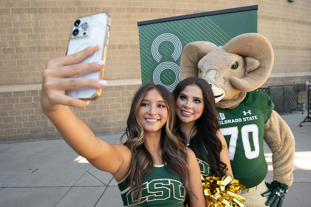 CSU cheerleaders with CAM the Ram at the 2023 Rams at Rockies event