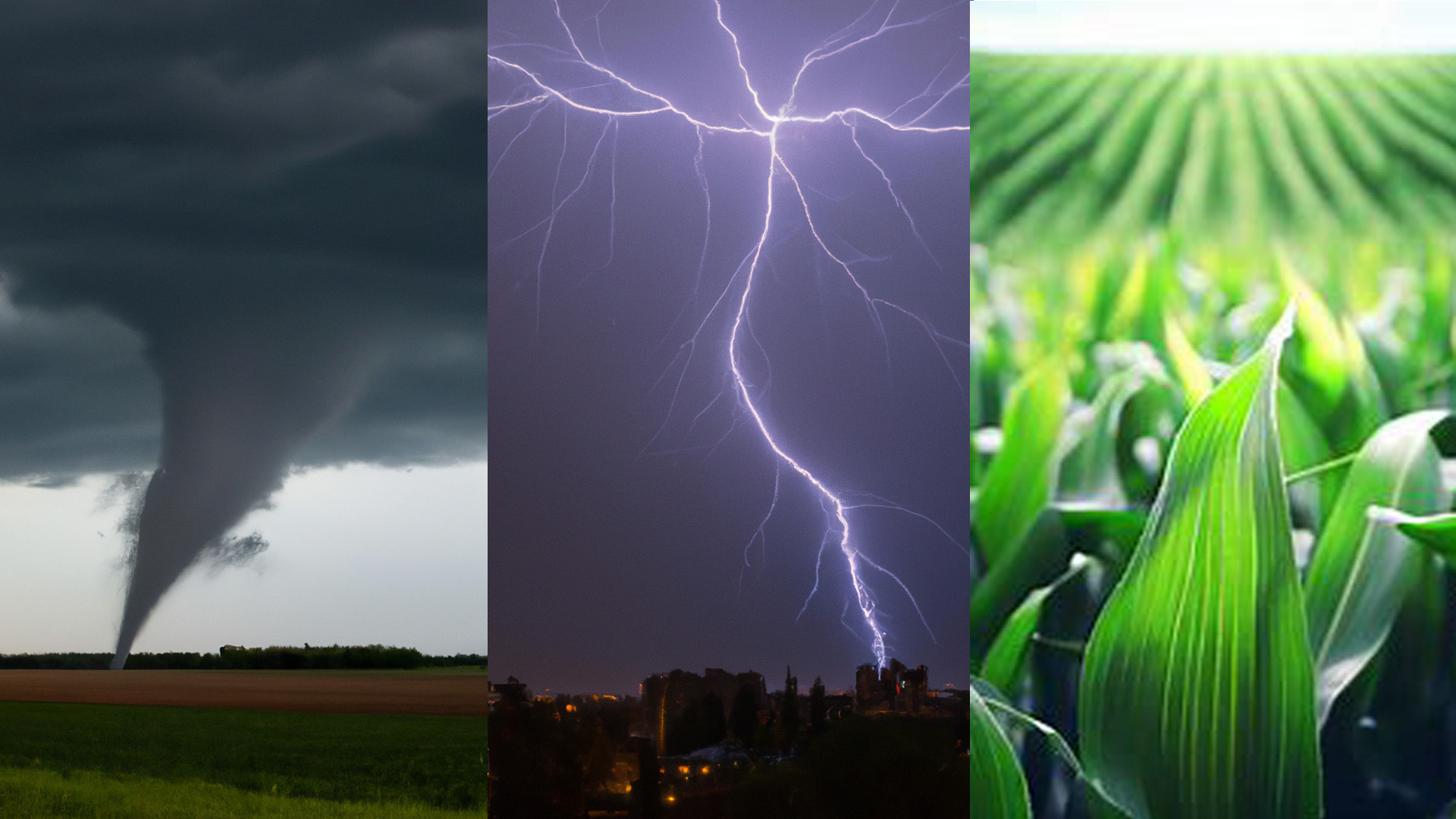 Three AI-generated images: a tornado in a rural location, lightning over a city and a cornfield