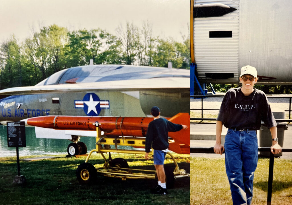 Side-by-side photos show an adolescent boy looking at a U.S. Air Force jet and the same boy posing in front of a rocket