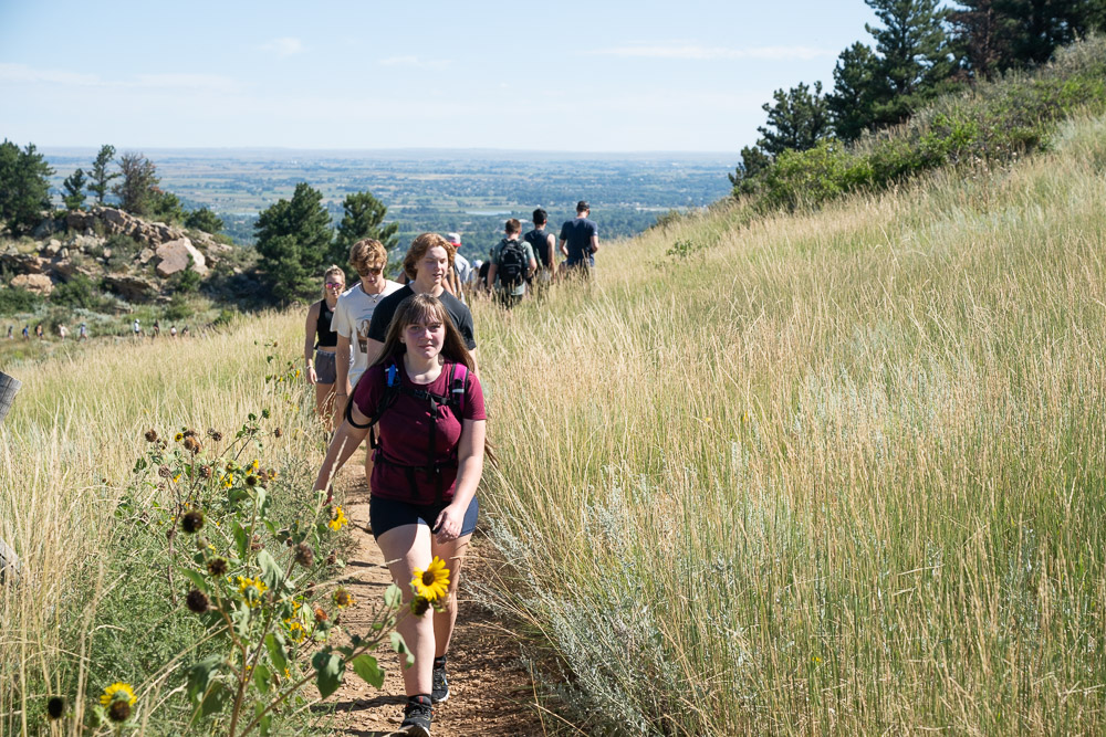 Students hiking to the A