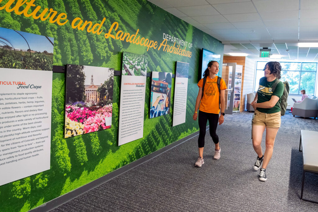 Two CSU students walk past a mural illustrating various aspects of agriculture.