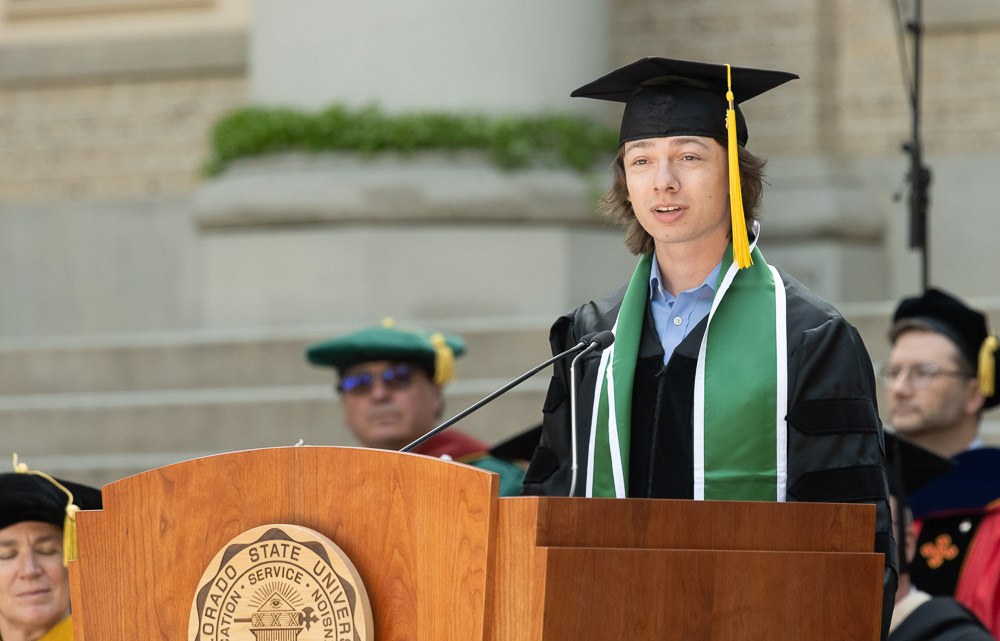 Nick Desalvo, President for the Associated Students of Colorado State University (ASCSU), speaks at the 2023 Fall Address and Presidential Investiture Ceremony on the steps of the Administration Building. October 4, 2023
