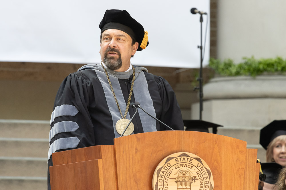 Tony Frank, Chancellor of the Colorado State University System, speaks at the 2023 Fall Address and Presidential Investiture Ceremony on the steps of the Administration Building. October 4, 2023