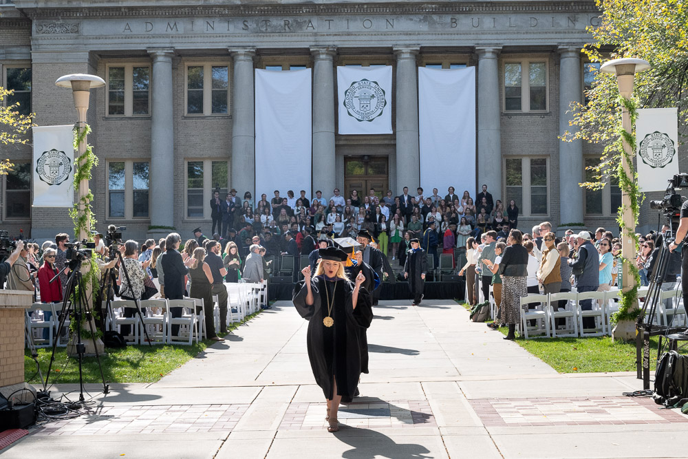 Amy Parsons, President of Colorado State University, is installed at the Presidential Investiture Ceremony and delivers the 2023 Fall Address on the steps of the Administration Building. October 4, 2023