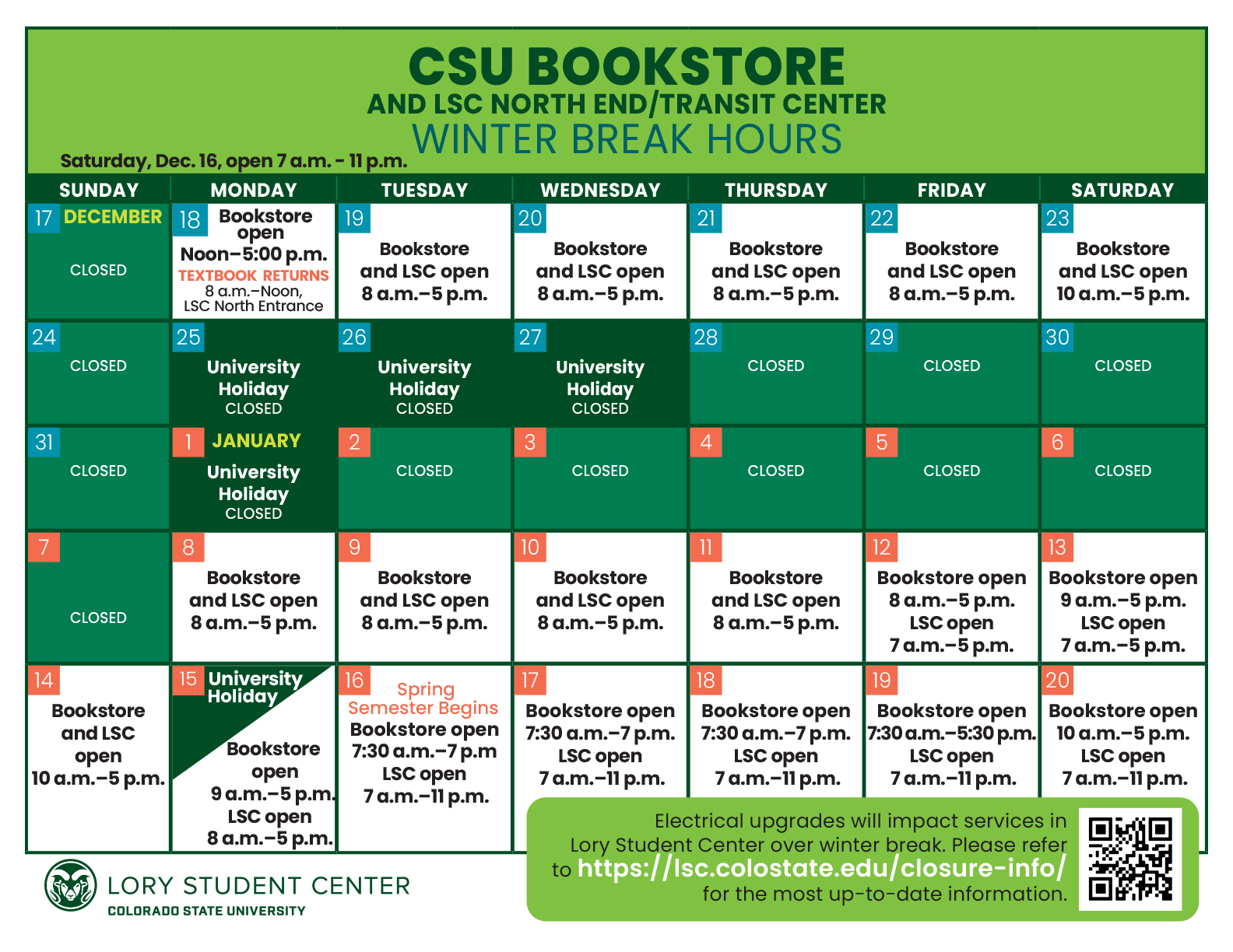 Calendar for bookstore hours