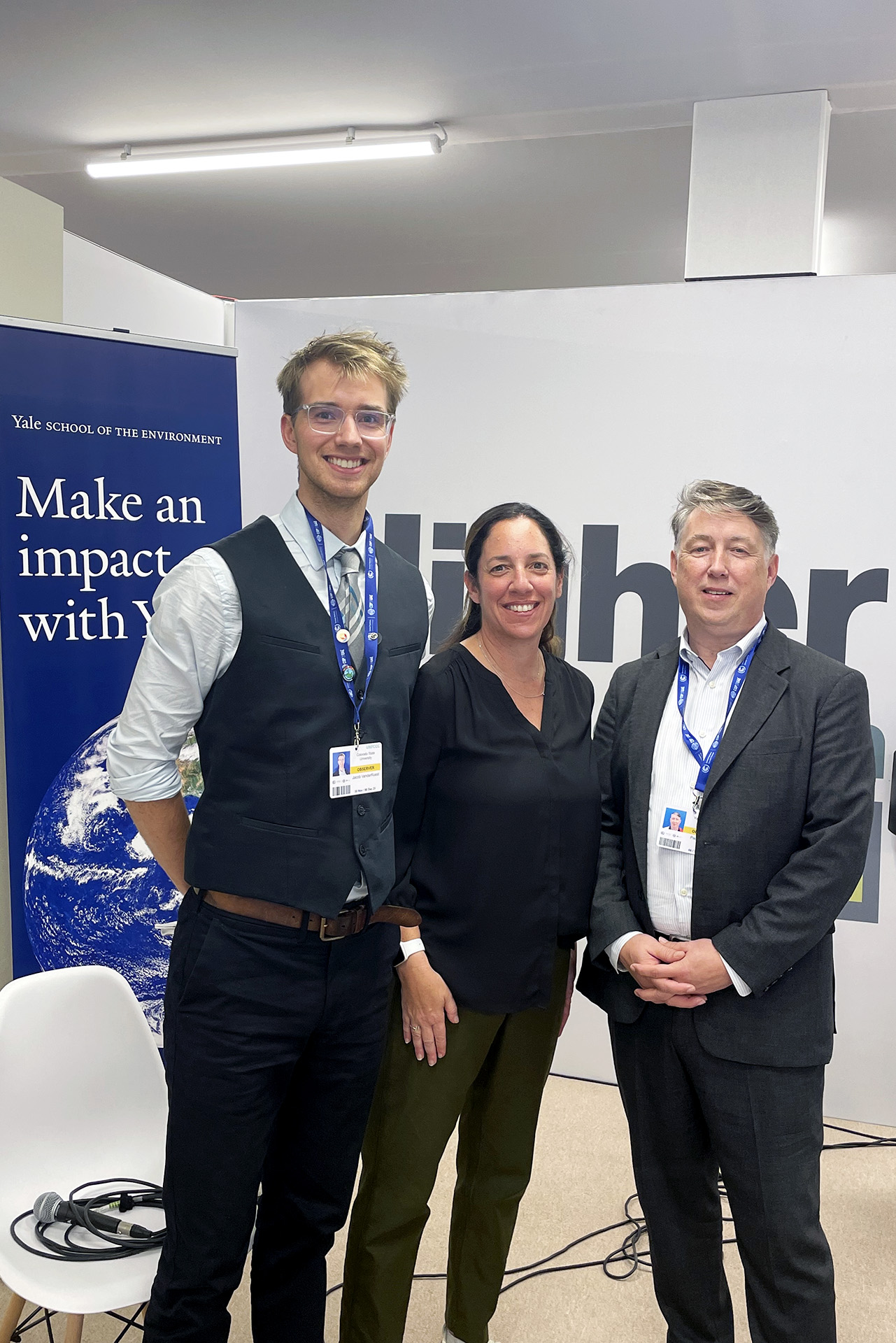 CSU Ph.D. candidate Jacob VanderRoest (left) stands next to Julie Zimmerman (middle) and Paul Anastas (right), who help run the Center for Green Chemistry and Green Engineering at Yale University. They met at COP28.