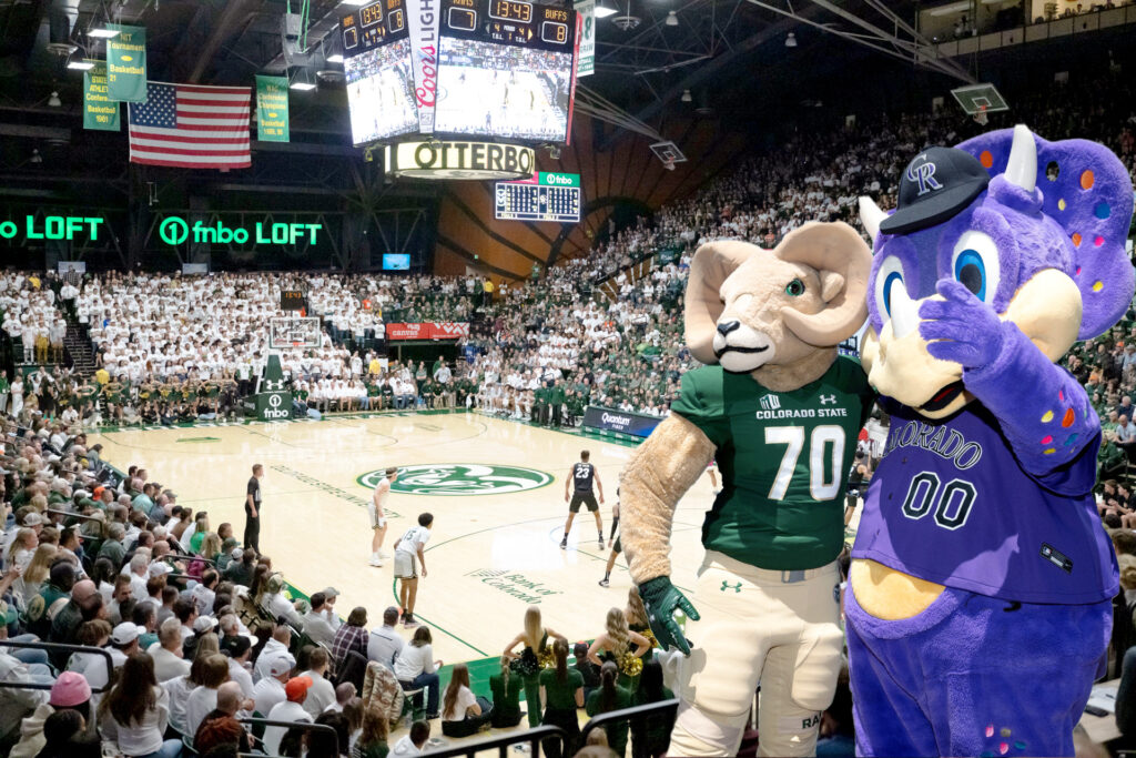 A photo of Moby Arena during a basketball game with mascots CAM the Ram and Dinger from the Colorado Rockies superimposed on the photo.