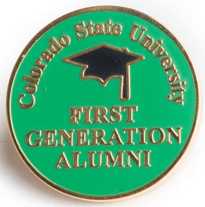 CSU's First Generation Alumni pin which is green with a black mortar board.