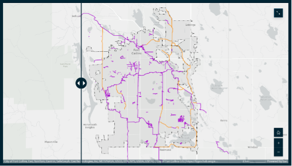 Screenshot of interactive map tool showing the city limits of Fort Collins in light grey, existing trail system in purple and proposed trail system in orange.