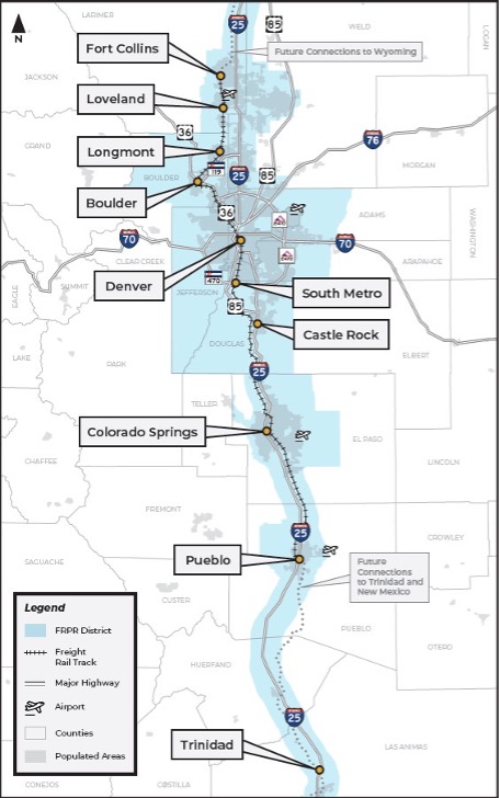 Graphic showing map of rail line, connecting communities from North to South: Fort Collins, Loveland, Longmont, Boulder, Denver, South Metro, Castle Rock, Colorado Springs, Pueblo.