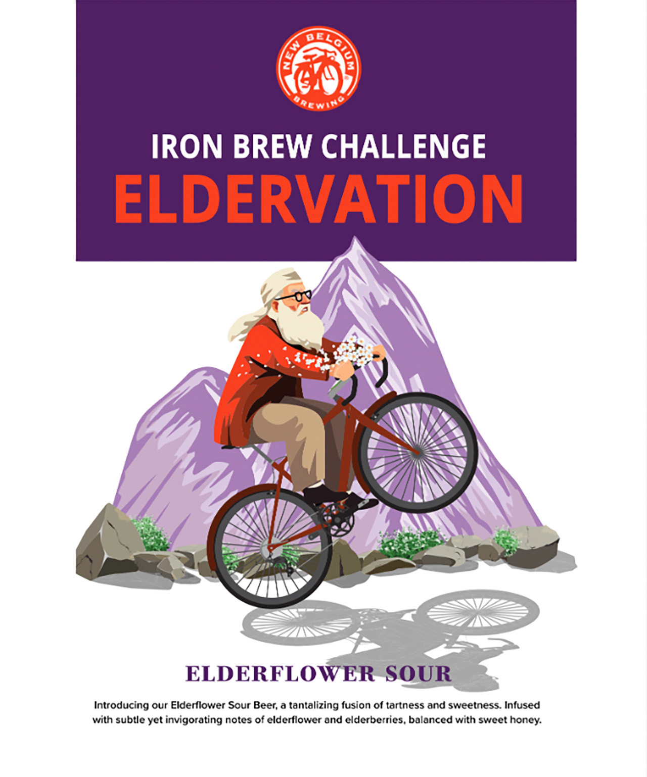 Iron Brew 2024 Eldervation logo with Santa-type character riding a bicycle with mountains in the background.