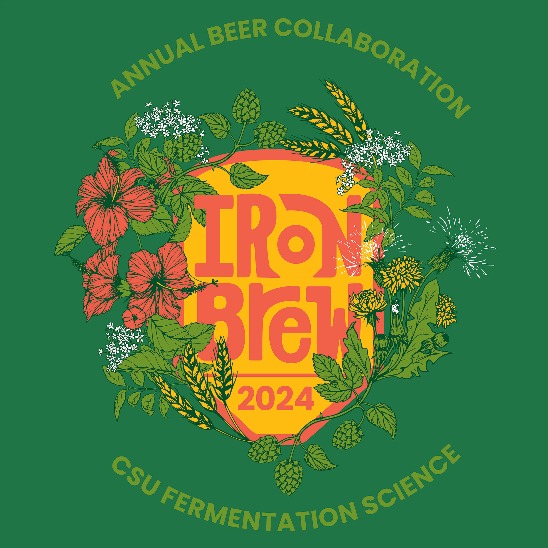Iron Brew 2024 logo shaped like beer brewing vessel with flowers and a green background.