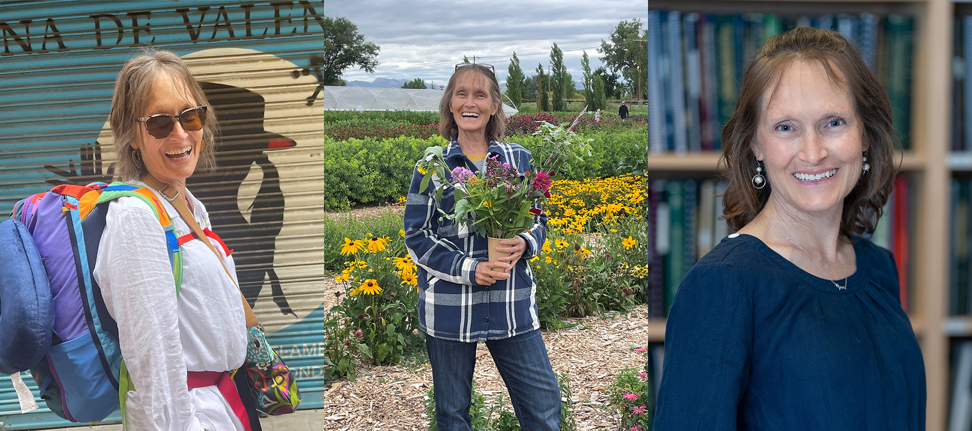 Three photos, side by side: smiling woman in sunglasses with a colorful backpack; same woman holds a cup of flowers in a garden; portrait of same woman in front of bookcase